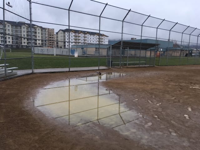  Baseball field with large puddle