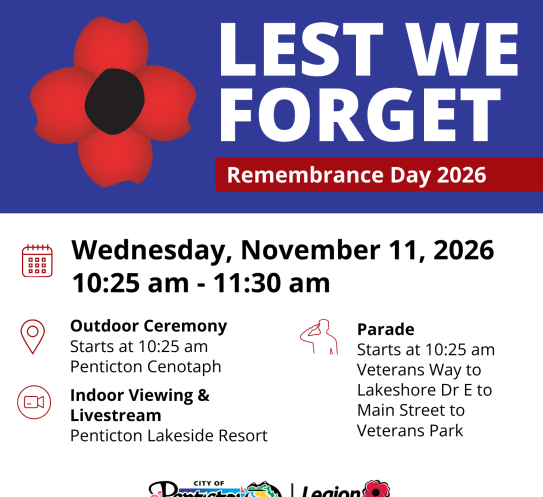 Remembrance Day 2026: ceremony and parade November 11 at 10:25 am, Penticton Cenotaph. Indoor viewing at Penticton Lakeside Resort.
